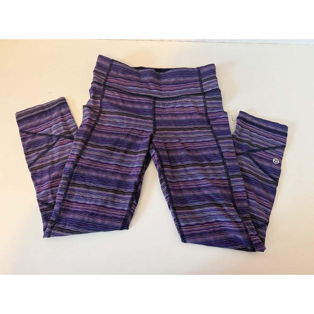 Lululemon Run Inspire Crop II Purple Striped Leggings Size 4 Zipper Pockets